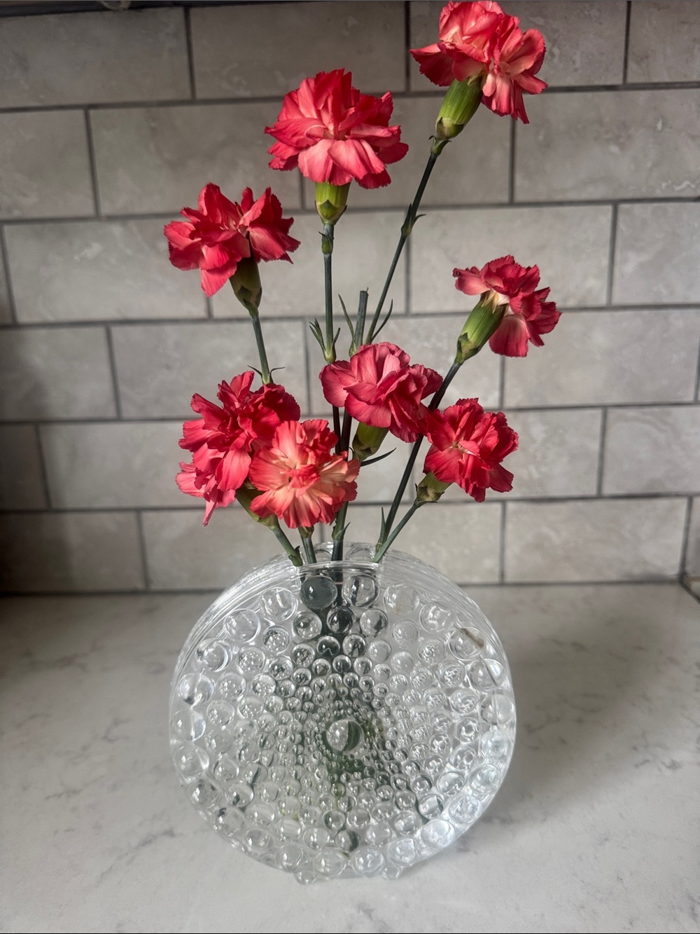Vintage MCM Beyer Glass Circular Clear Glass Bubble Bud Vase, Glass Art 6.5"